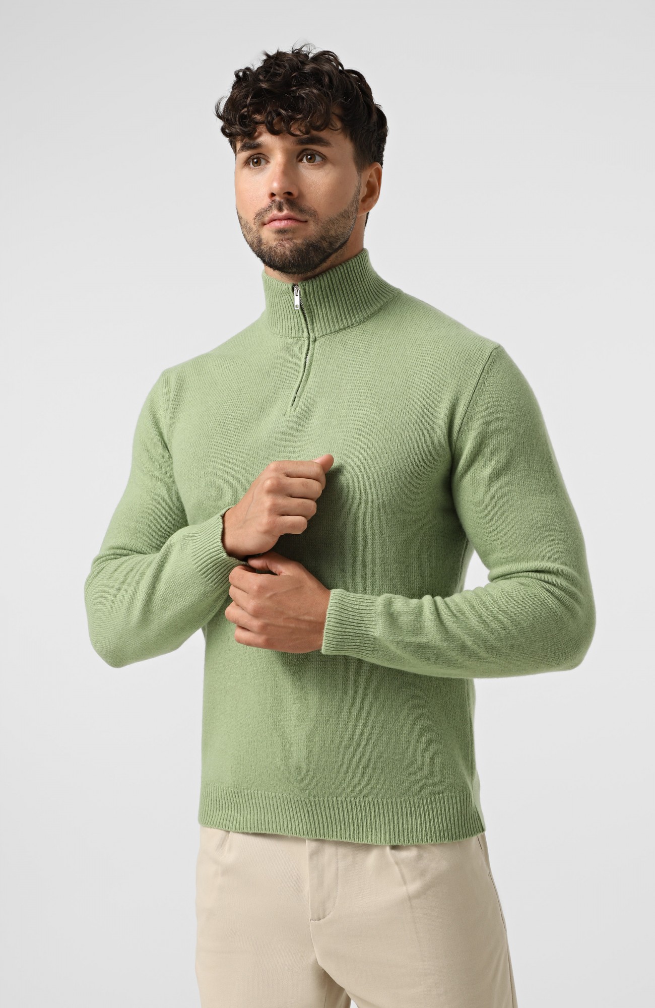 Светр WOOL CO Чоловічий зелений светр на блискавку з мериносової вовни.