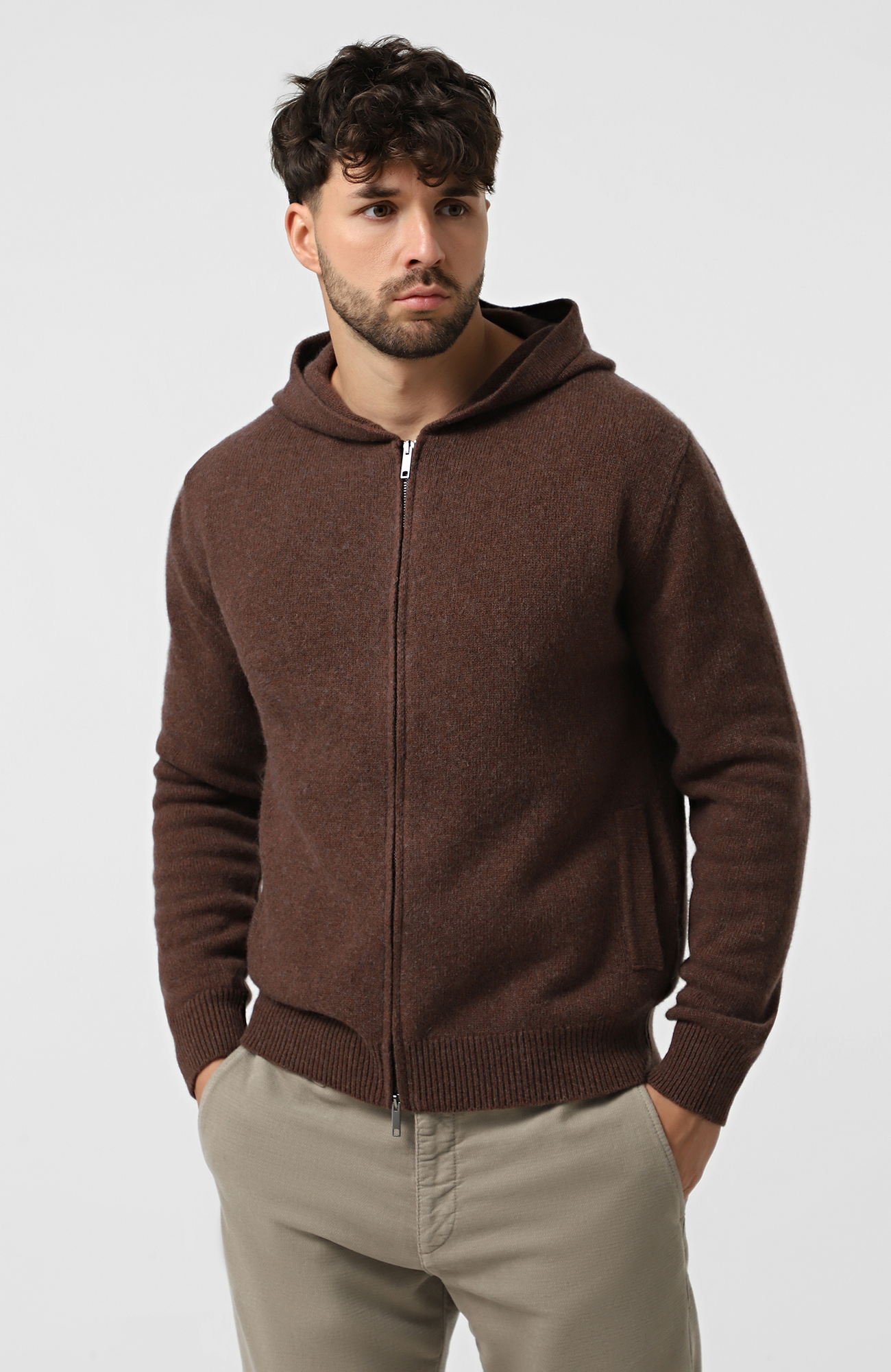 Светр WOOL CO Чоловічий коричневий светр з капюшоном з вовни.